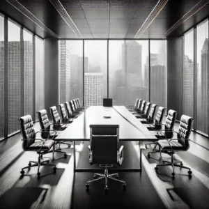 Black and white image of a board room